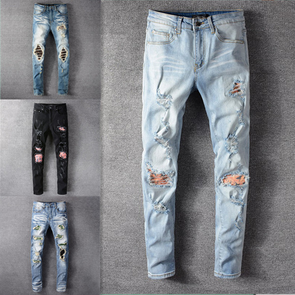 

22ss hip-hop high street fashion brand jeans retro torn fold stitching men's designer motorcycle riding slim pants size 28~40