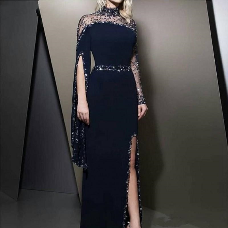 

2021 New Formal High Neck Navy Blue Evening Dresses kaftan Dubai Beaded Long Sleeve Party Gowns Modest robe de soiree Split Prom Dress, Black;red