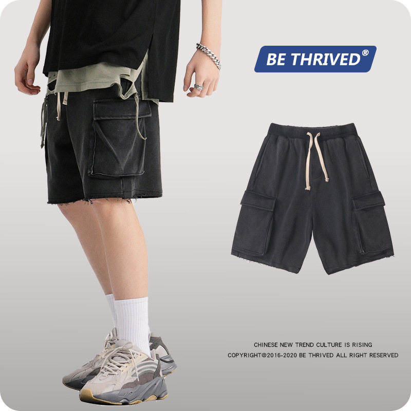 

be men's wear | 2021 new heavy industry make old loose ee fashion brand shorts men's bagging high street five point guard, Black