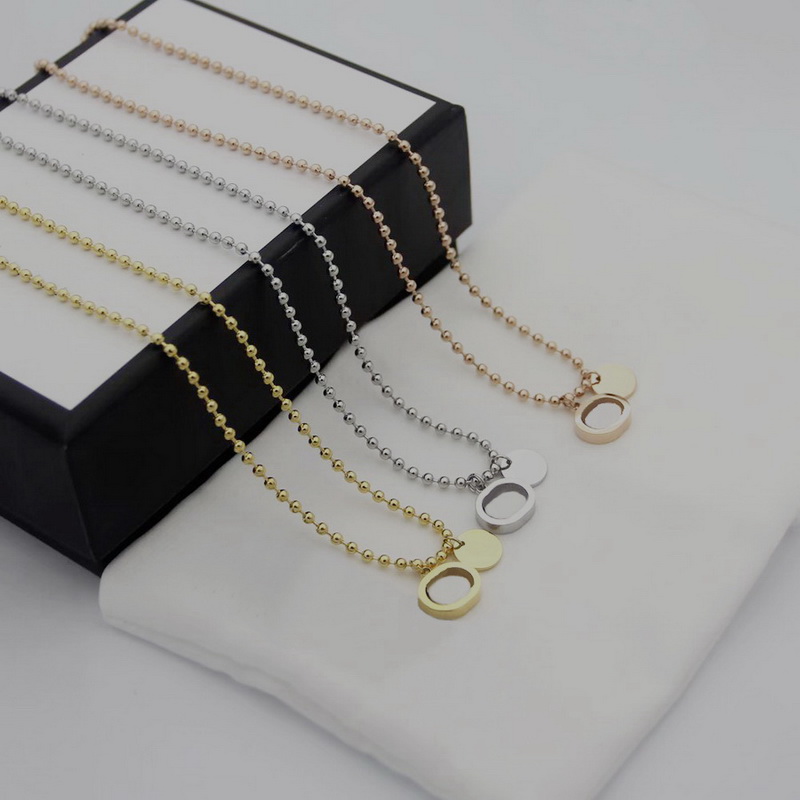 

Europe America Fashion Style Lady Titanium steel 18K Gold Round Beads Chain Necklaces With Hollow Out Engrave G Letter Double Pendants