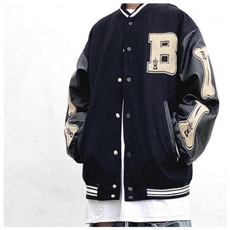 

High street coat autumn national fashion hip hop wool new baseball suit loose Street jacket men's trend, Black