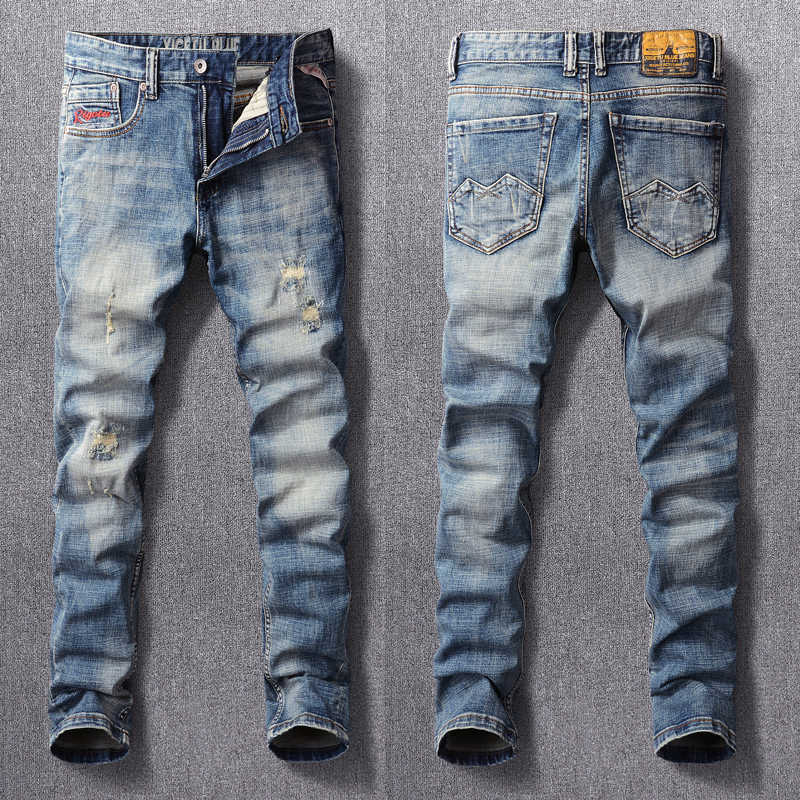 

Italian Style Fashion Men Jeans High Quality Retro Blue Slim Fit Ripped Patchwork Designer Vintage Casual Denim Pants