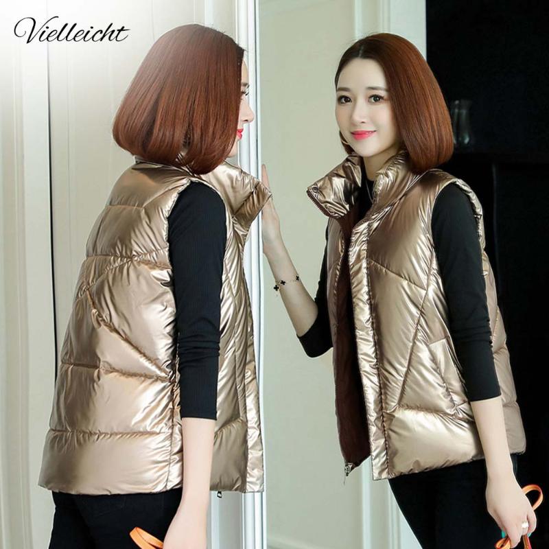 

Women' Vests Vielleicht Winter Vest Jacket Coat Sleeveless Stand Collar Autumn For Female Mujer Glossy Waterproof, Black