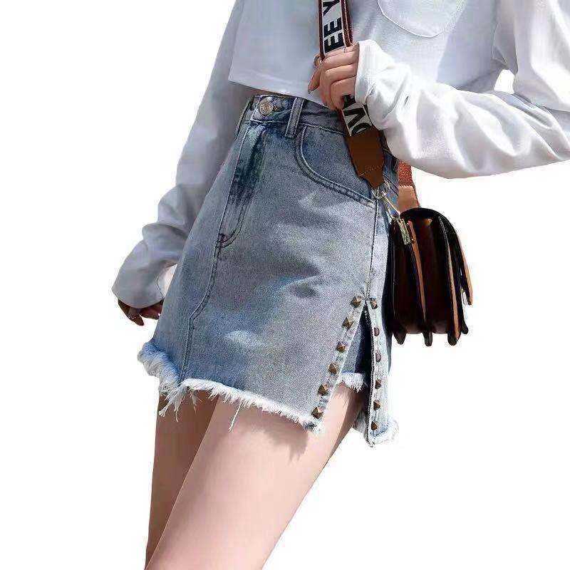 

Summer Denim Skirt Women Rivet Decor Split A-line s Casual High Waist Slim Pocket Causal Sexy Fake Two Piece Mini 210526, Light blue