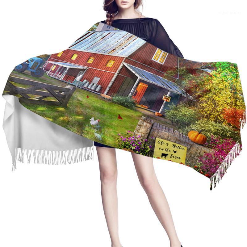 

Scarves Women Cashmere Scarf Autumn Winter Hijab Wrap Farm Life Barn Retro Truck Printed Shawls Headband Summer Ladies
