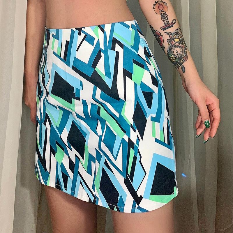 

Skirts 2021 Summer Hepburn Vintage Women Disconnected Striped Plaid Geometric Floral Print High Waist Pleated Bodycon Mini Skirt Casual