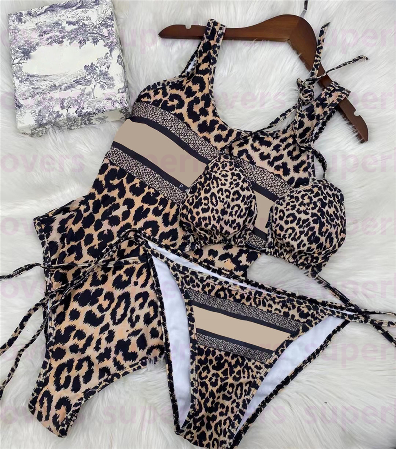 

Vintage Letters Bikinis Sexy Leopard Houndstooth Bathing Suit Womens Summer Split One Piece Swimwear New Padded Push Up Backless Swimsuit, Leopard/split;with label