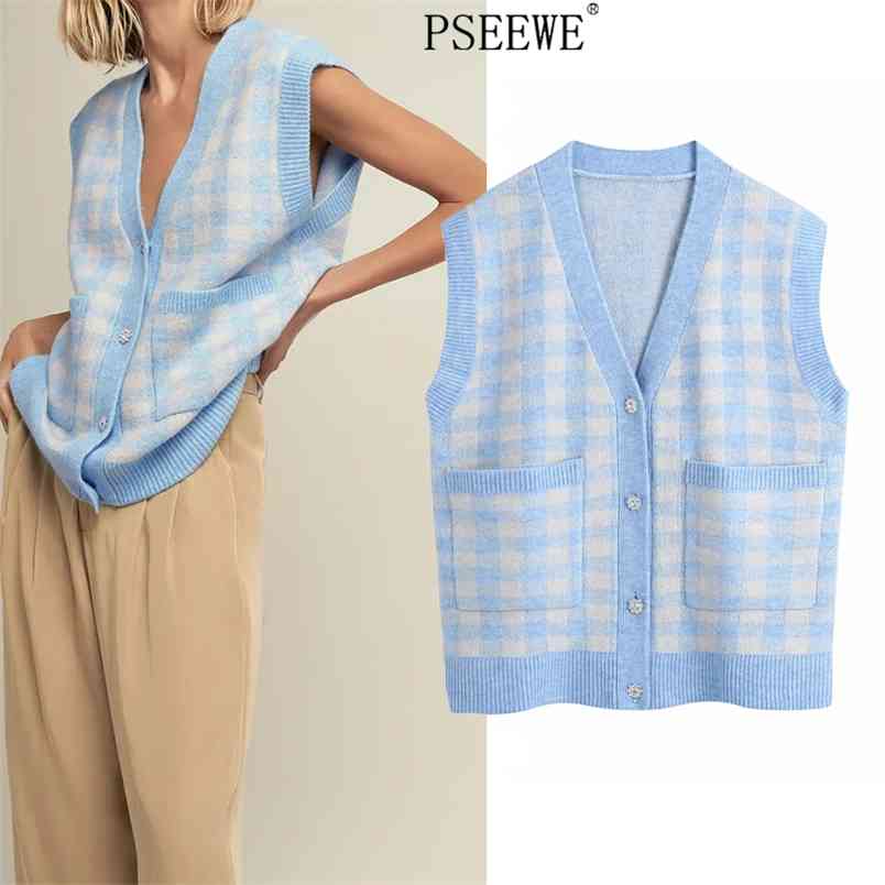 

Blue Plaid Sleeveless Sweater Vest Women Winter Oversize V Neck Long Knitted Female Pocket Preppy Waistcoat 210519