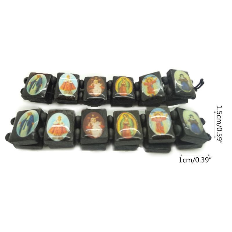 4 Pc Catholic Jewelry Christian Levert Wood Icon Elastic Bead Bracelet Poison 40JA-image-693292765