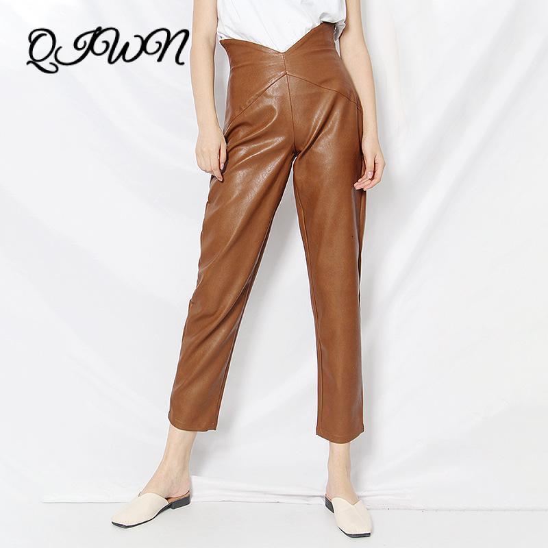 

Women' Pants & Capris Runway Clothes Autumn Fashion High Waist Irregularly Slim Harlan Daddy Leather Cropped Slacks Brand Design Tide YM9T, Black