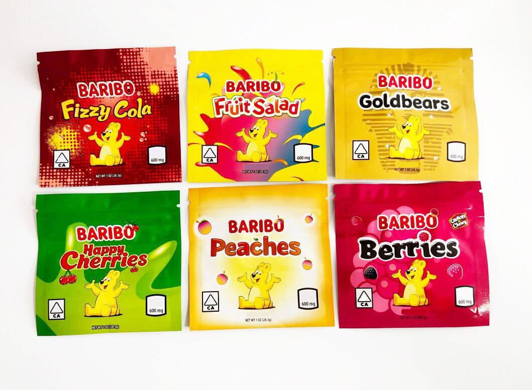 

BARIBO bears edibles mylar bags 3 side sealing plastic packaging 11 gold fizzy cola caribo happy berries frogs dinosaurs