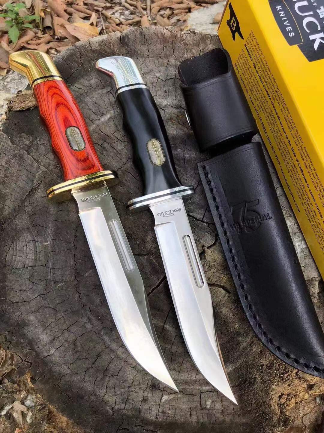 Buck 119BKS 75th Anniversary Edition Special Hunting Knife 6" Blade, Red High End Wooden Handle And Black Phenolic Handles, Leather Sheath-image-737804323