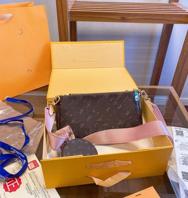 

2021 With box Three-piece women handbags purses classic printing flower Mahjong BAG Double side wide and chain shoulder strap crossbody bags, Brown