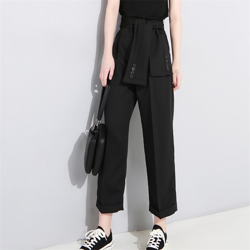 

[EAM] Spring High Waist Lace Up Black Slim Temperament Trend Fashion Women's Wild Casual Wide Leg Pants LA2 210721