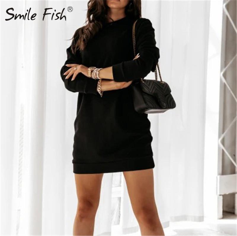 

Women Hoodies Dress Streetwear Autumn Winter Long Hoodie Solid Pure Female O-Neck Sleeve Pullovers Casual Sweatshirts M0073 Women's &, Black