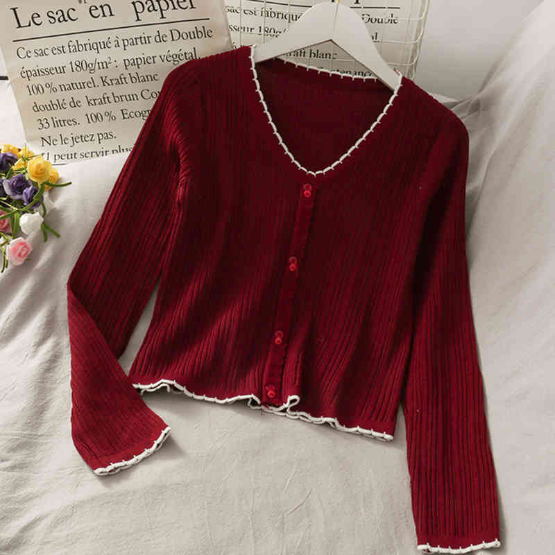 

T-shirts Women Knitted Tees Autumn Cute Button Up V-Neck Solid Casual Long Sleeve For 210518, Yellow