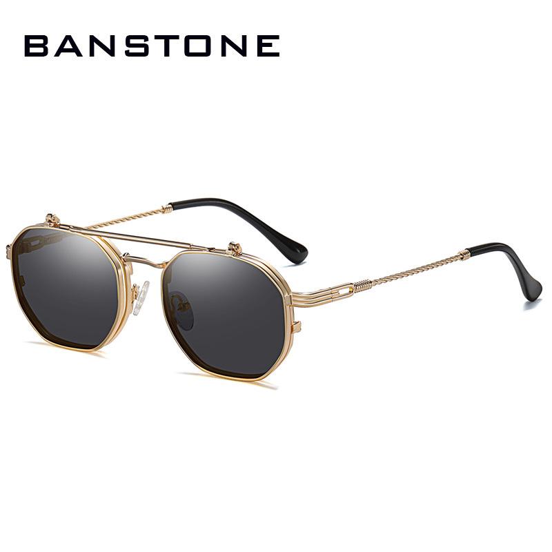 

Sunglasses BANSTONE Vintage SteamPunk Style Tint Ocean Lens Metal Flip Up Clamshell Brand Design Sun Glasses