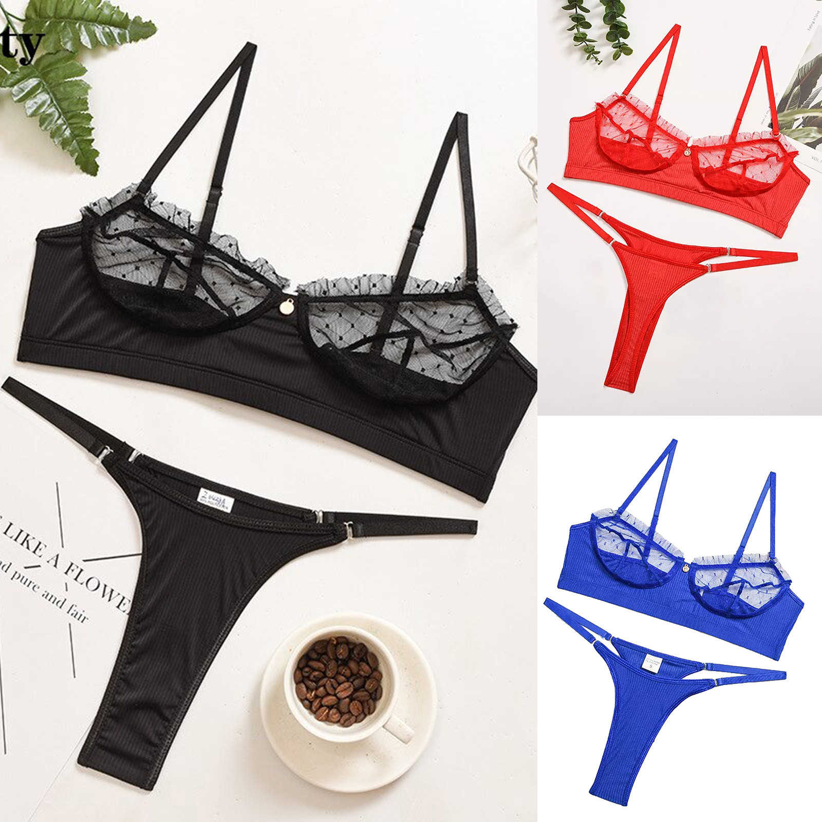 

See Through Bikini Swimsuit Thong Bra Set for Women Lace Swimwear Two Pieces Bathing Suit, White;black