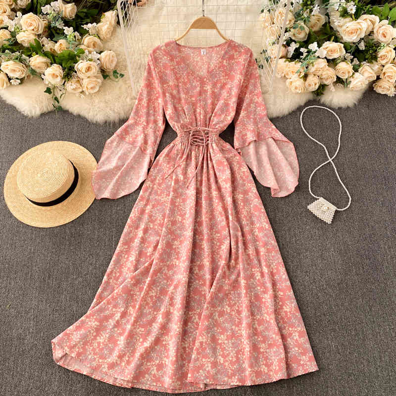 Two Piece Dress Beach Style Floral Print Long Women Fashion Summer V-neck Flare Sleeve Lace-up Slim Waist A-line Boho Holiday Maxi-image-700562109
