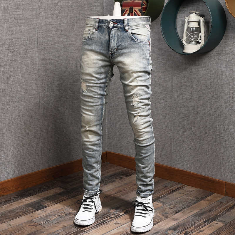 

Italian Fashion Men Jeans Retro Light Blue High Quality Elastic Slim Fit Ripped Denim Pants Patchwork Vintage Designer Trousers