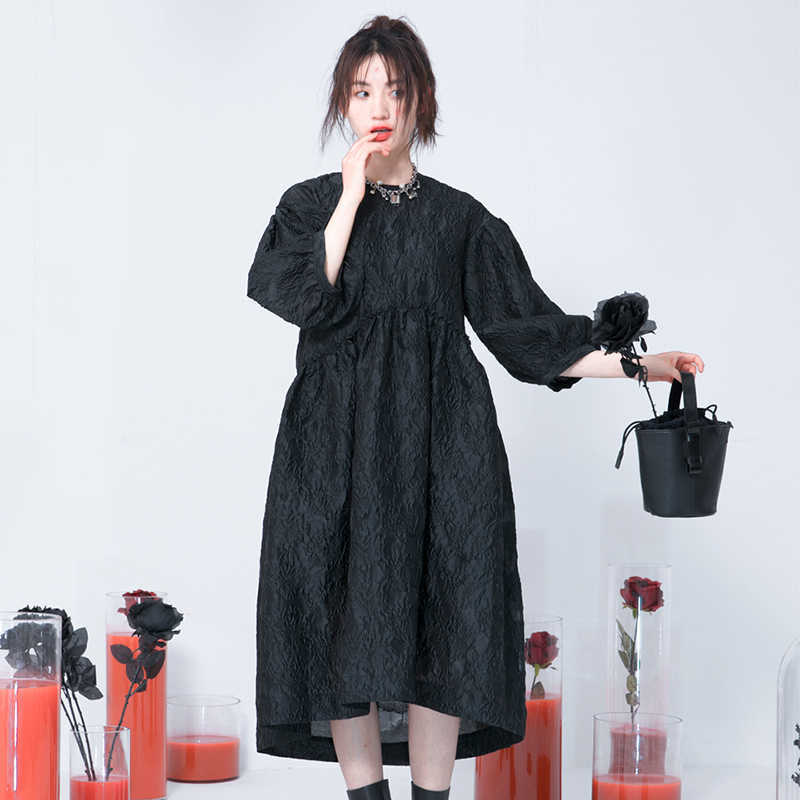 

Korea Women Black Jacquard Split Temperament Dress Round Neck Long Lantern Sleeve Loose Fit Fashion Spring Autumn 1N703 210603