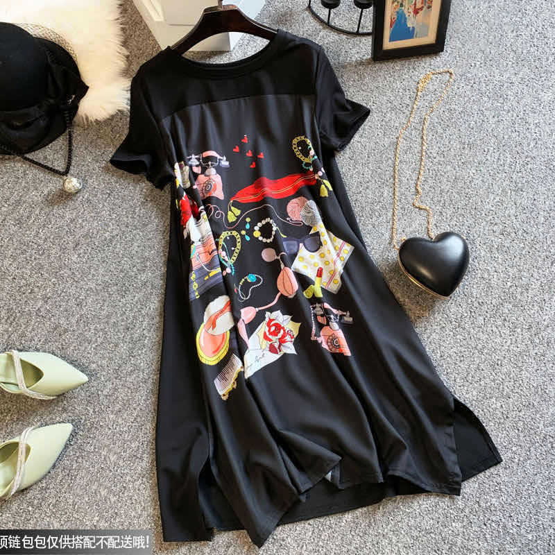 

PROPCM Summer Casual Long Dress For Women Elegant Short Sleeves Plus Size Vintage Fashion Spliced Floral Pattern Basic Black Dresses, Th2150504-black