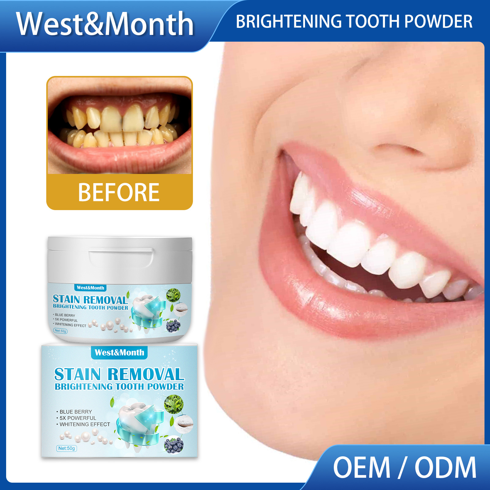Free freight West&Month OEM ODM Oral cleaning blueberry tooth powder fresh breath to remove tooth yellow sensitive enamel-image-751470544