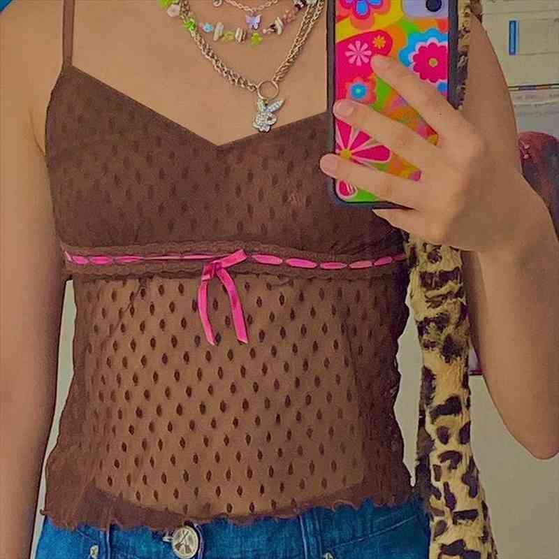 

Brown Mesh Patched Y2k Summer Sexy Top With Strap Backless Fashion Polka Dot V Neck Sleeveless Crop Cami Party, White