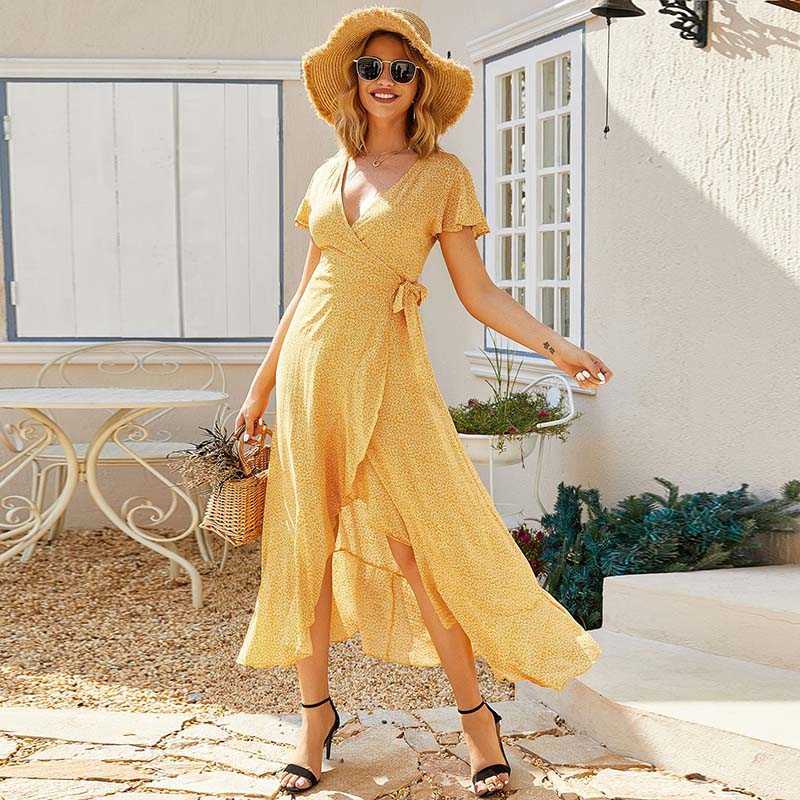 

Fashion Bohemian Floral Printed Women Dress Sexy V-Neck Tie Bow Split Out Ruffles Lady Long Beach Dresses Vestidos W751 210526, Yellow