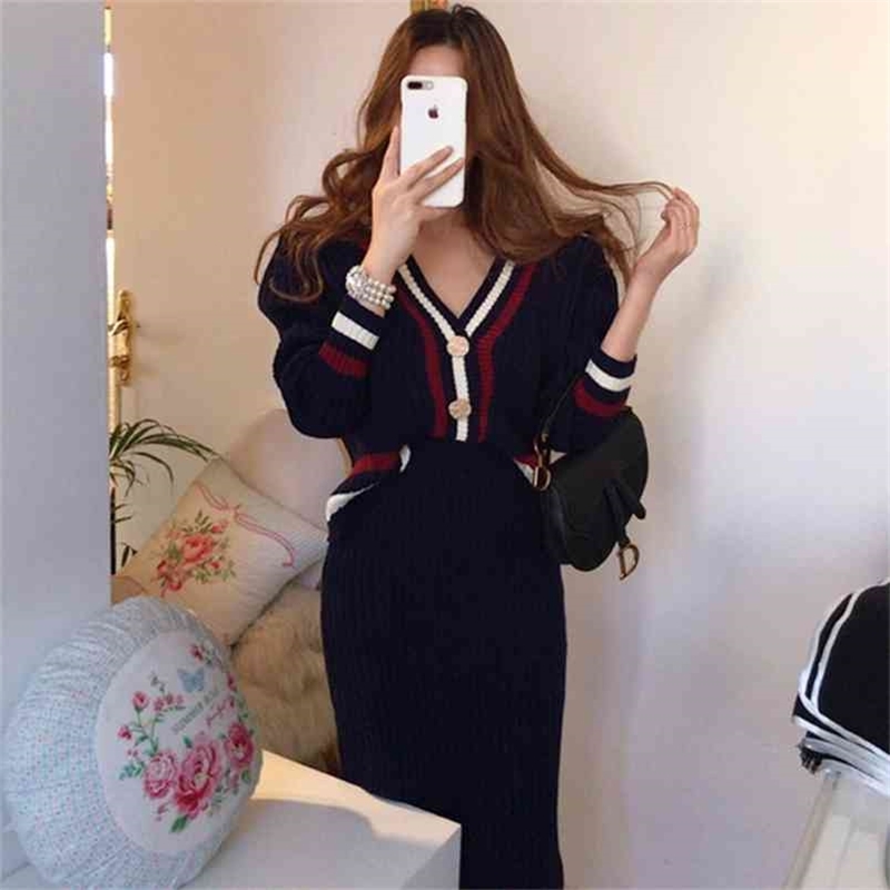 

Autumn Winter Two Piece Set Women Hit color Knit Suits V-neck Sweater + High waist Long skirt suit Outfits 210603, Picture color