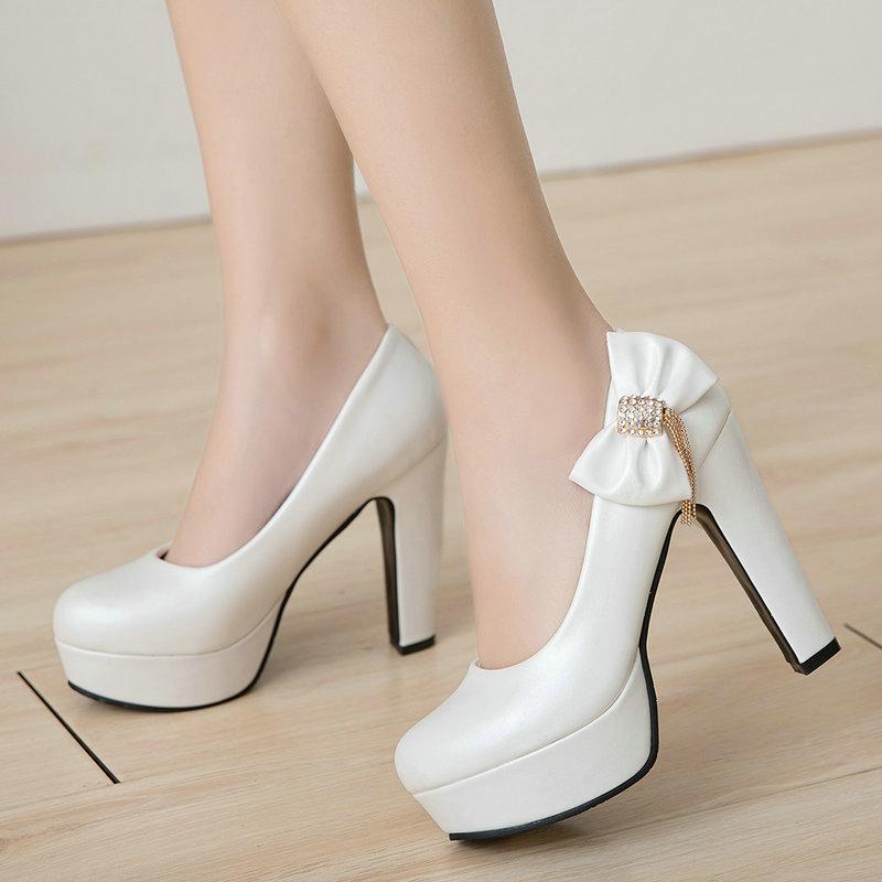 

Dress Shoes Spring Autumn Women Single Fashion Round Toe Platform 12CM High Heel Wedding Cute Bow Decoration Banquet Heels, Beige