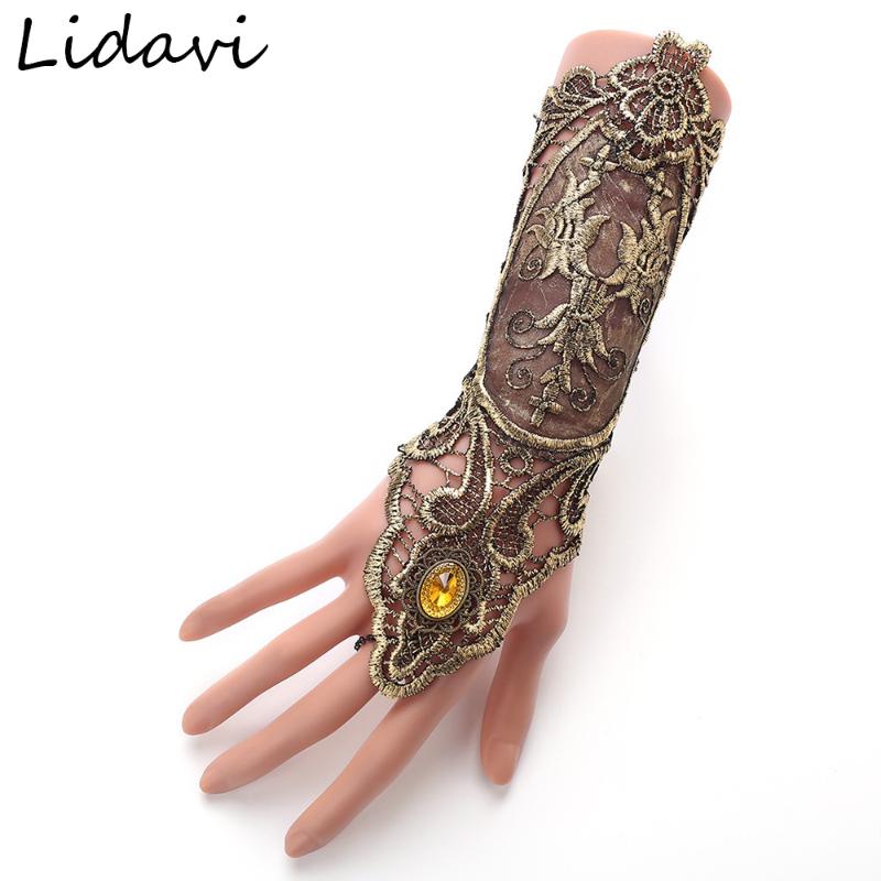 

Lidavi Fashion Sexy Women Ladies Steampunk Gothic Wide Lace Floral Finger Bracelets Flower Gloves Design Bracelet Wedding B33 Beaded, Strand, Black