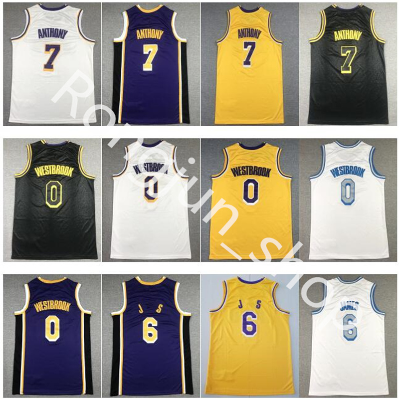 

2021 Mens Basketball Jerseys Carmelo 7 Anthony Russell 0 Westbrook Blue White Yellow Purple Black Color 6 James High Quality Stitched, As picture