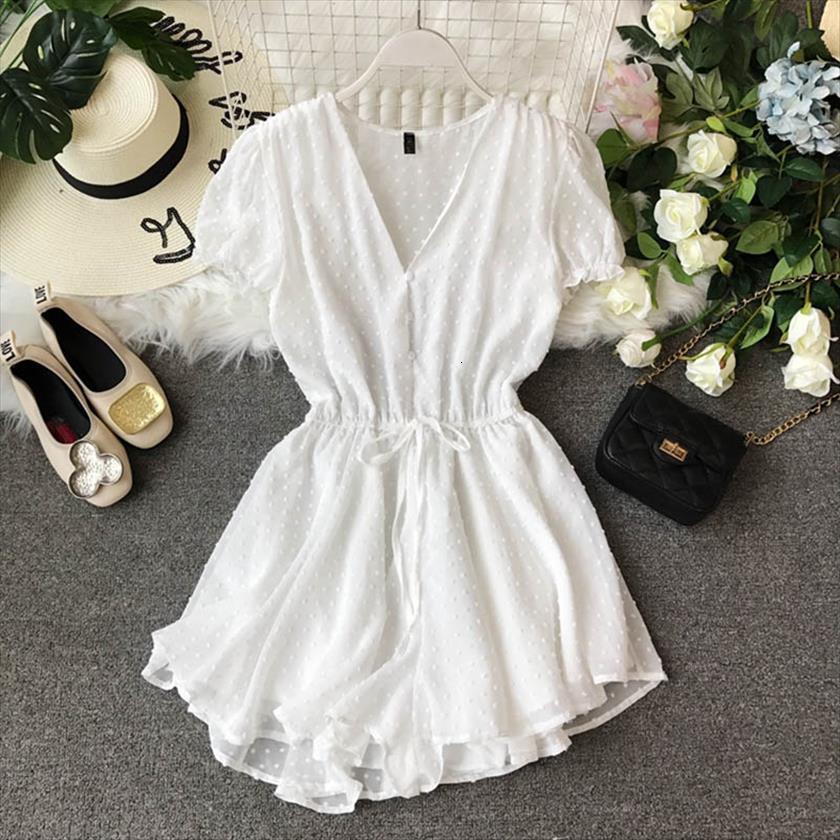 

summer bodysuit v collar flocking womens jumpsuit point chiffon couplet girls short playsuits women sleeve sweet jumpsuits, Black;white