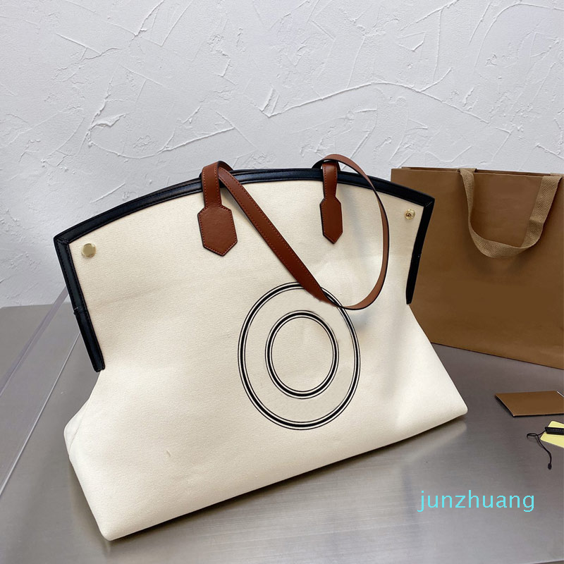 

Designer- Canvas Tote Bag Women Handbag Large Capacity Shoulder Shopping Bags Graphic Two-tone Leather Interior Pockets Open Handbags, White