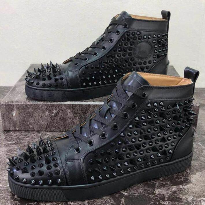 

Men Women Casual Shoes Designer Red Bottom Studded Spikes Fashion Insider Sneakers Black White Leather High Boots with box, Color 14