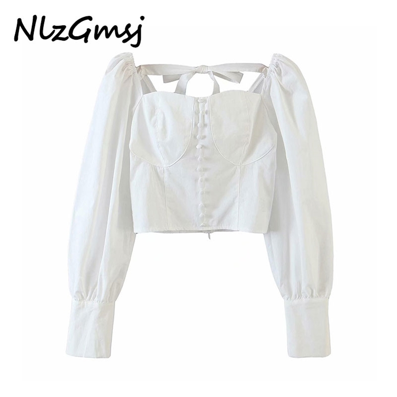 

Nlzgmsj vintage puff sleeve white crop top sexy backless long button up blouse casual autumn winter 210628, As picture