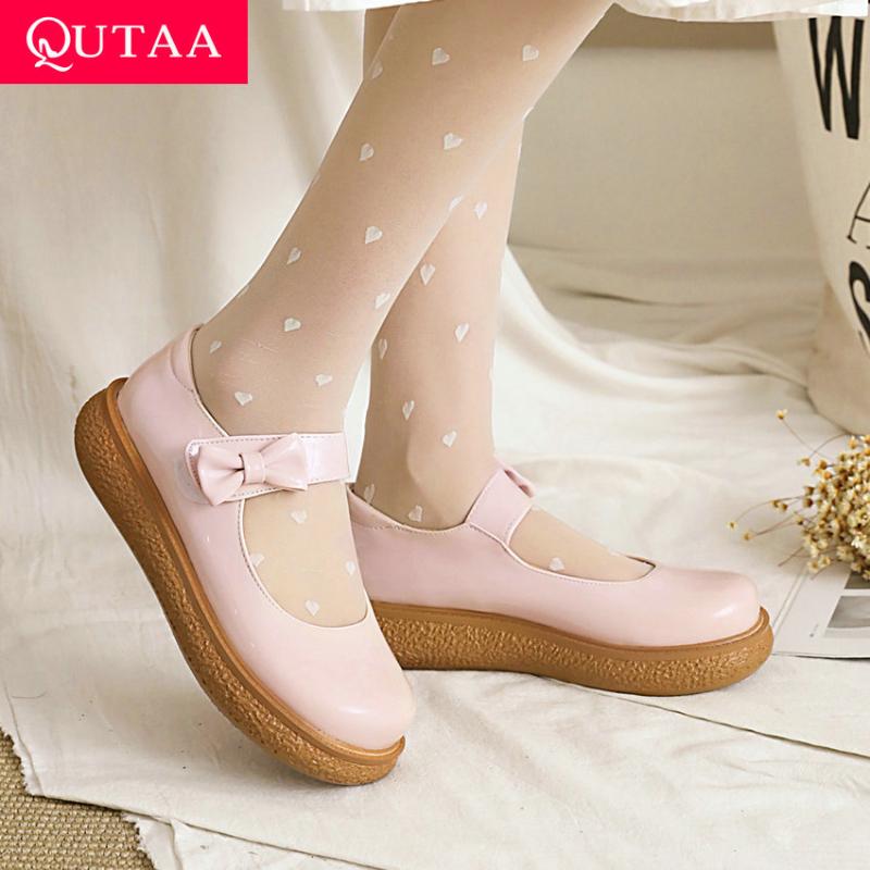 

Microfiber Patent Leather Bowknot Hook&Loop Female Wedge Heels Lolita Style Round Toe Platform Women Shoes Size 34-43 Dress, Black