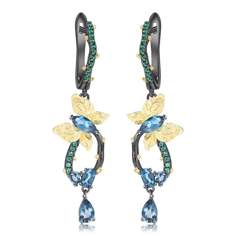

Dangle & Chandelier Natural Topaz Earrings 925 Silver London Blue Retro Handmade Fashion Butterfly
