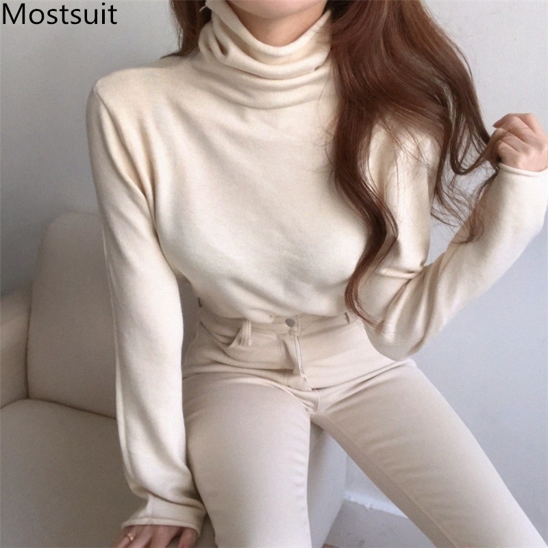 

Turtleneck Knitted Korean Pullover Sweater Women Long Sleeve Solid Slim Basic Tops Autumn Winter Ladies Fashion Jumpers 210518, Khaki