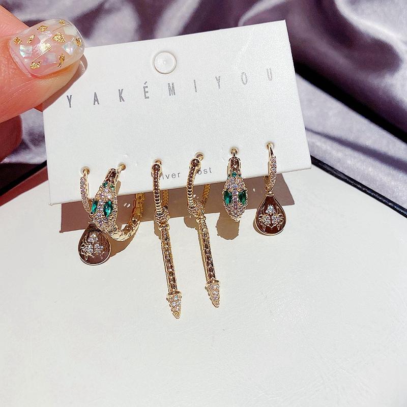 

3 Pairs Micro Paved Cubic Zirconia Spider Snake Dangle Earrings Pack Gold Color Women Party Jewelry & Chandelier, Silver