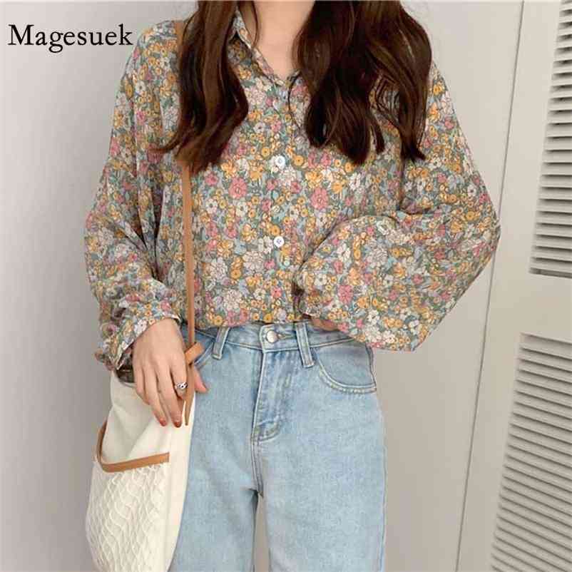 

Autumn Casual Chiffon Print Plus Size Blouse Women Korean Puff Long Sleeve Floral Shirts Cardigan Tops Blusas 10312 210518, Pink