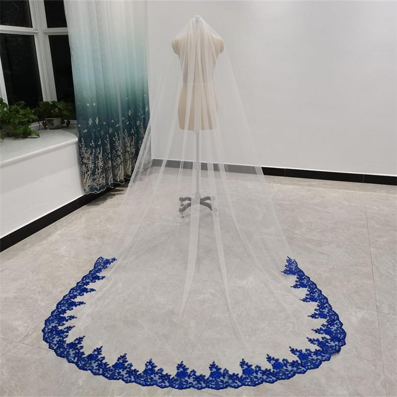 

Bridal Veils Royal Blue Long With Comb Single Layer White Ivory Tulle Accessories For Brides Sequins Lace Edge 3 Metres