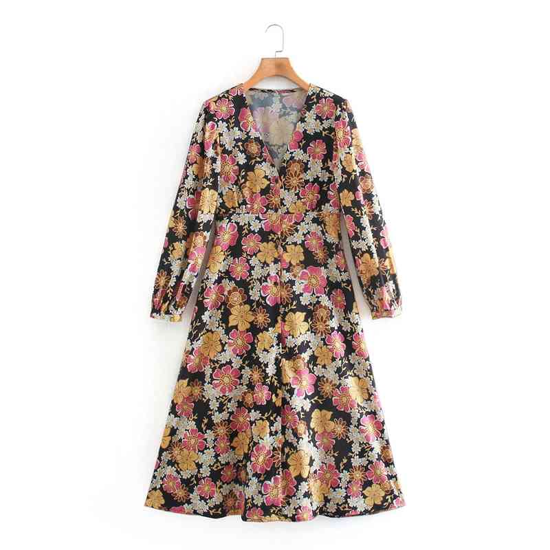 

Spring Elegant V neck Party Dress A line Long Sleeve Midi Vacation Beach Autumn Floral Print Casual es NX9914 210525, Pink