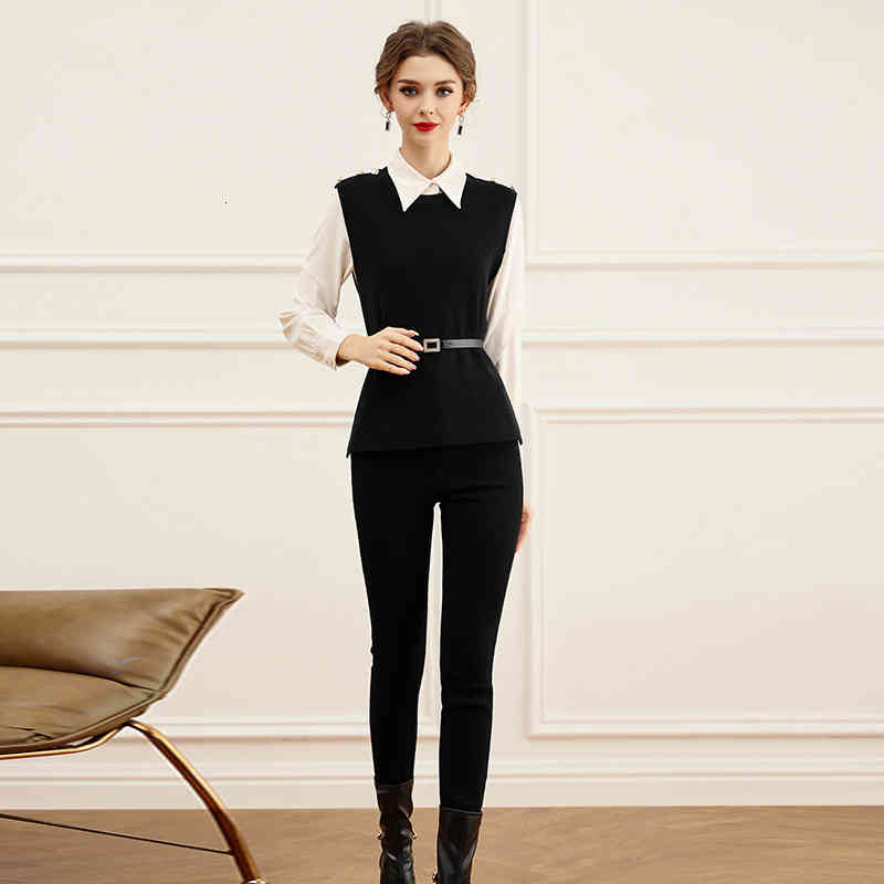 

Women' Two Piece Pants Zhili suit women' autumn and winter wear three-piece shirt + Sweater Vest small leg cowboy pants AQCP, Black