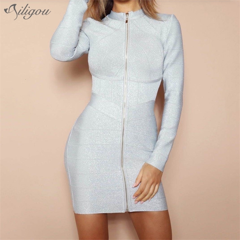 

Women's Fashion Bandage Dress Front Zipper Long Sleeve Striped Bodycon Sexy Celebrity Mini Party Vestidos 210525, Silver