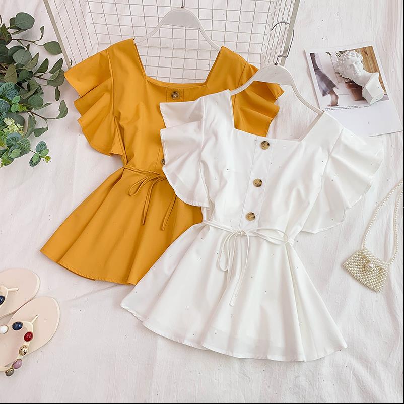 

summer ruffled korean retro womens shirts wild solid square collar butterfly sleeve lace women and blouses gd468, White