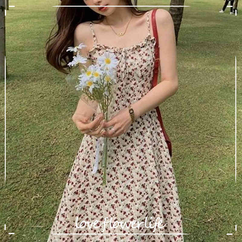 

SummerSweet Strap Dress Women Sleeveless Elegant Floral Printed Dress Lace-up Beach Dress Korean Square Collar 210521, As picture
