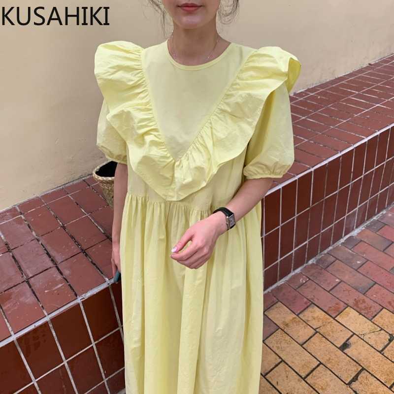 

KUSAHIKI Summer Women Dress Korean Sweet Ruffle Puff Sleeve O-neck Vestidos Femme High Waisted A-line Dresses 6H293 210602, Yellow