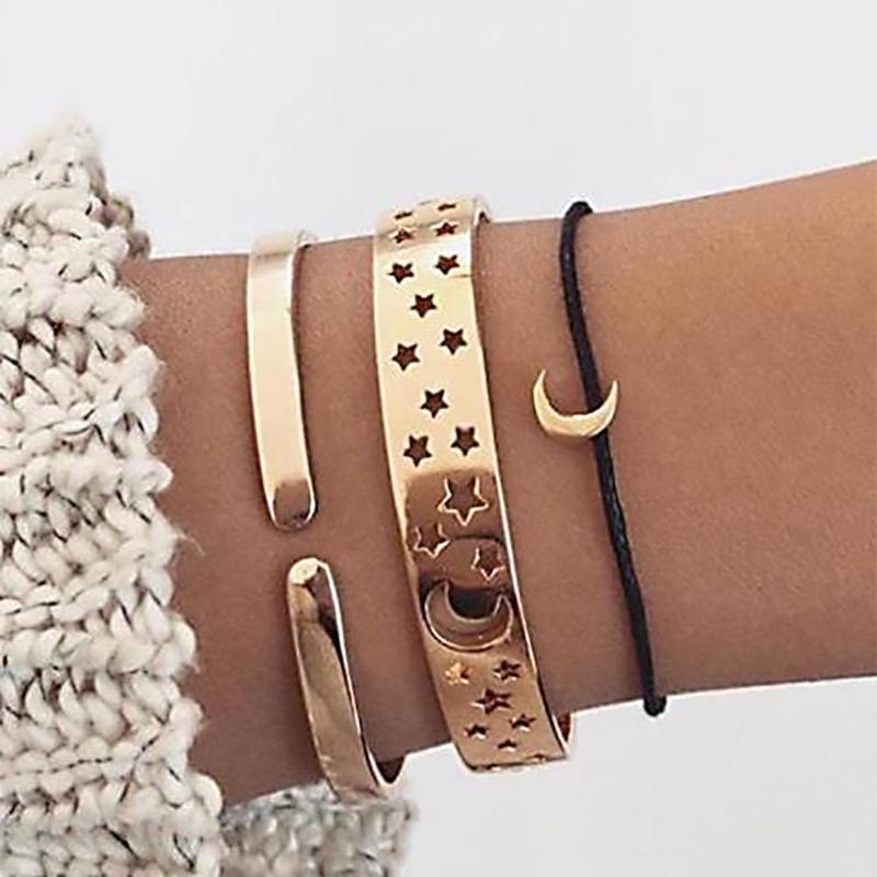 

3Pcs/Set Vintage Hollow Star Moon Pendant Rope Bangle Women Bracelet Wrist Decor